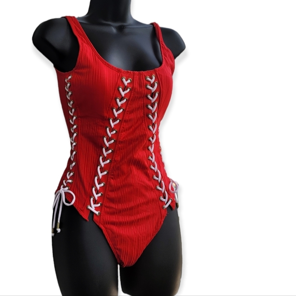 NO BOUNDARIES Juniors' Lace Up One Piece Swimsuit Red with White Laces Size 7-9.